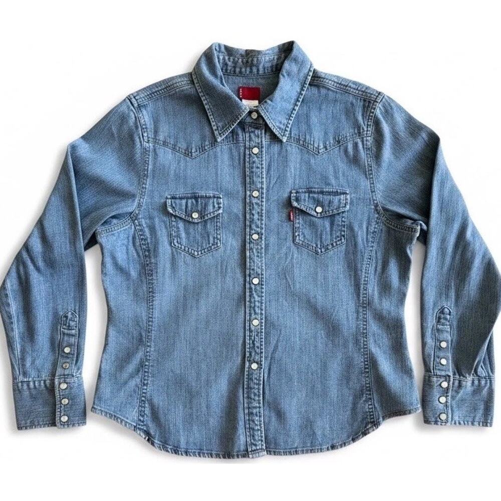 Levi’s Denim Western Shirt Women XL Blue Button Up 2 Pocket Snap